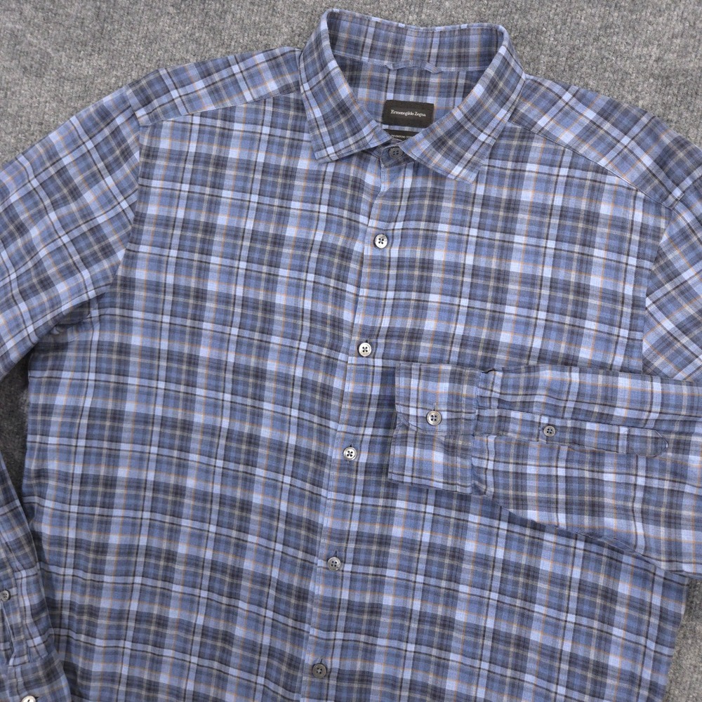 Ermenegildo Zegna Shirt Mens XL Blue Plaid Premium Cotton Brushed Twill Romania